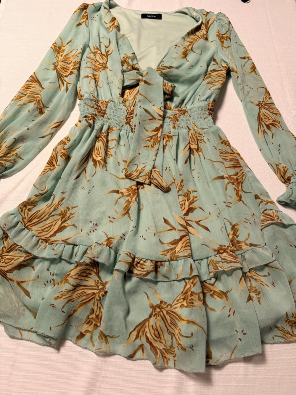 Tie-Front Floral Smocked Mini Dress in Sage Blue - Picture 2 of 8